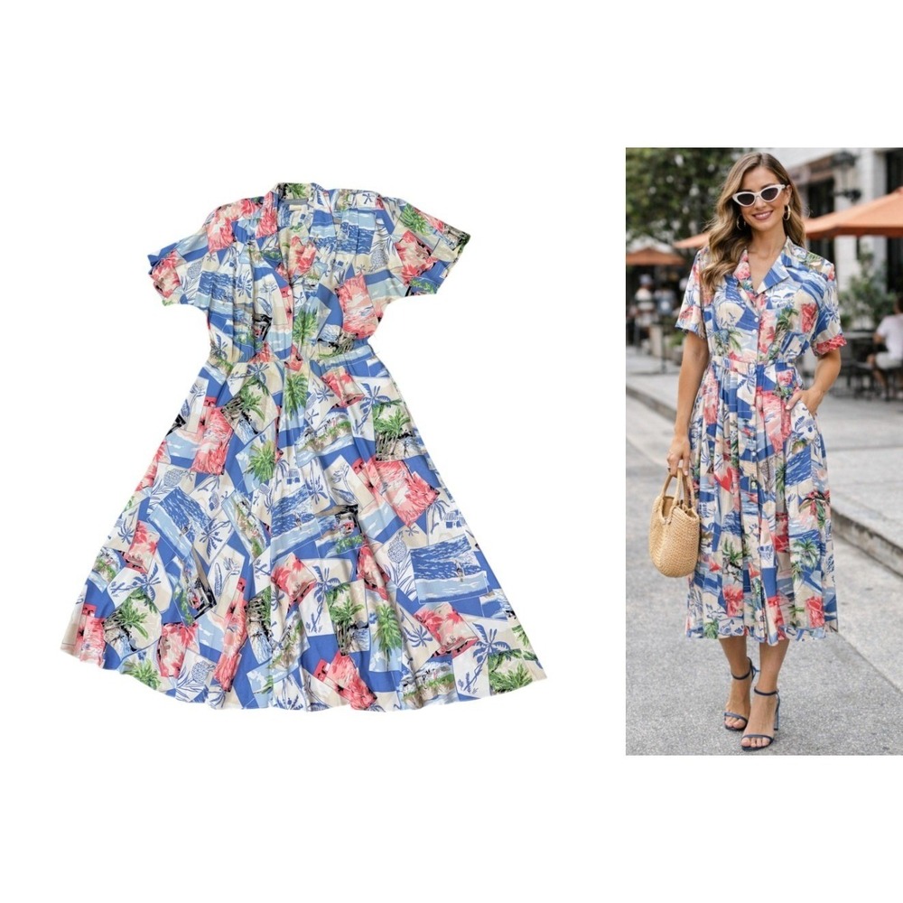 Vintage Carol Anderson Tropical Postcard Midi Dress‎ Resort 80s  Retro  13/14